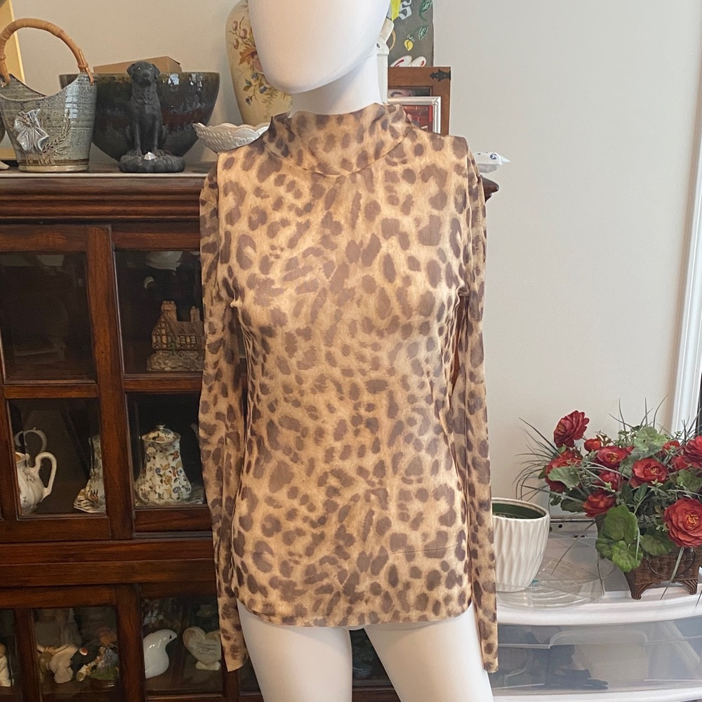 Zara Brown Leopard Print Mock Neck Blouse